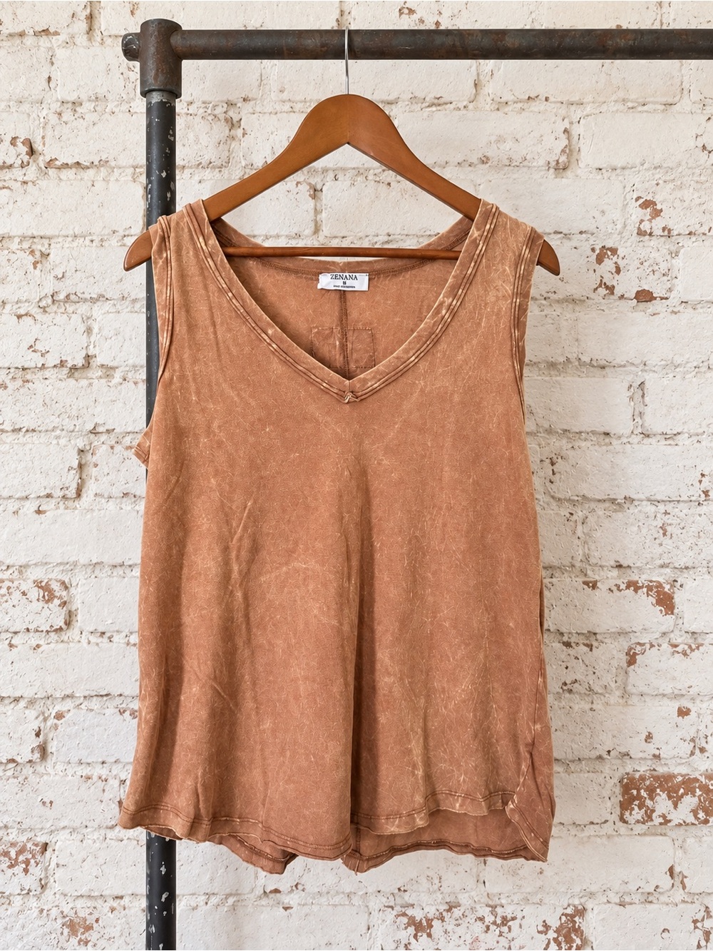 Zenana 100% Cotton Mineral Wash V-Neck Tank Top Medium Boho Earth Tone